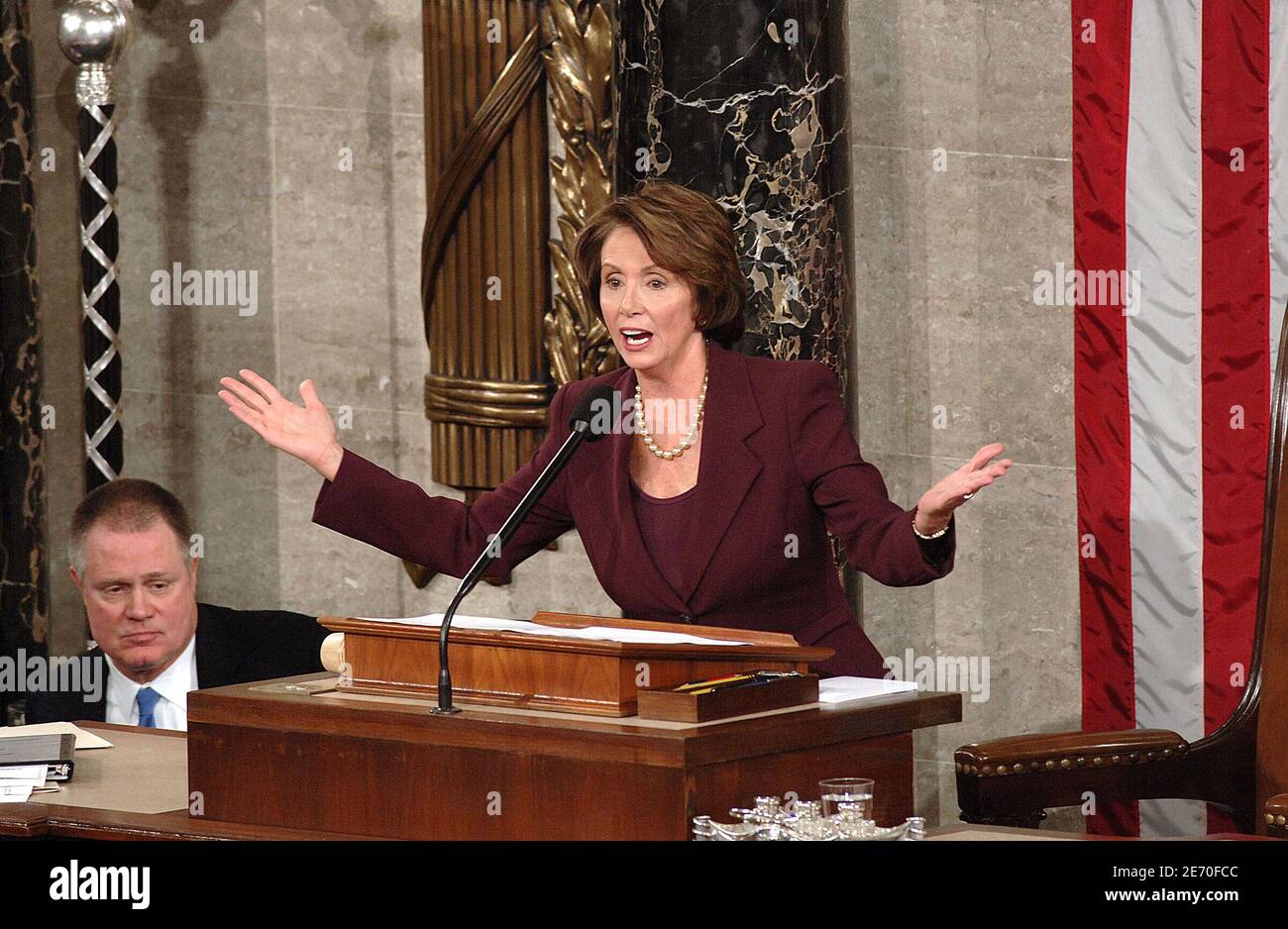 Speaker of the House Nancy Pelosi (D-CA) speaks after being elected as the first woman Speaker during a swearing in ceremony for the 110th Congress in the House Chamber of the U.S. Capitol, on January 4, 2007 in Washington, DC, USA. Pelosi will lead House Democrats as the Democratic Party takes control of both houses of Congress. Photo by Olivier Douliery/ABACAPRESS.COM Stock Photo