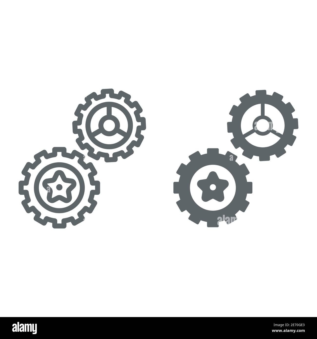 Rotating gears line and solid icon, technology concept, Cogwheel gear mechanism sign on white background, two gear wheels icon in outline style for Stock Vector