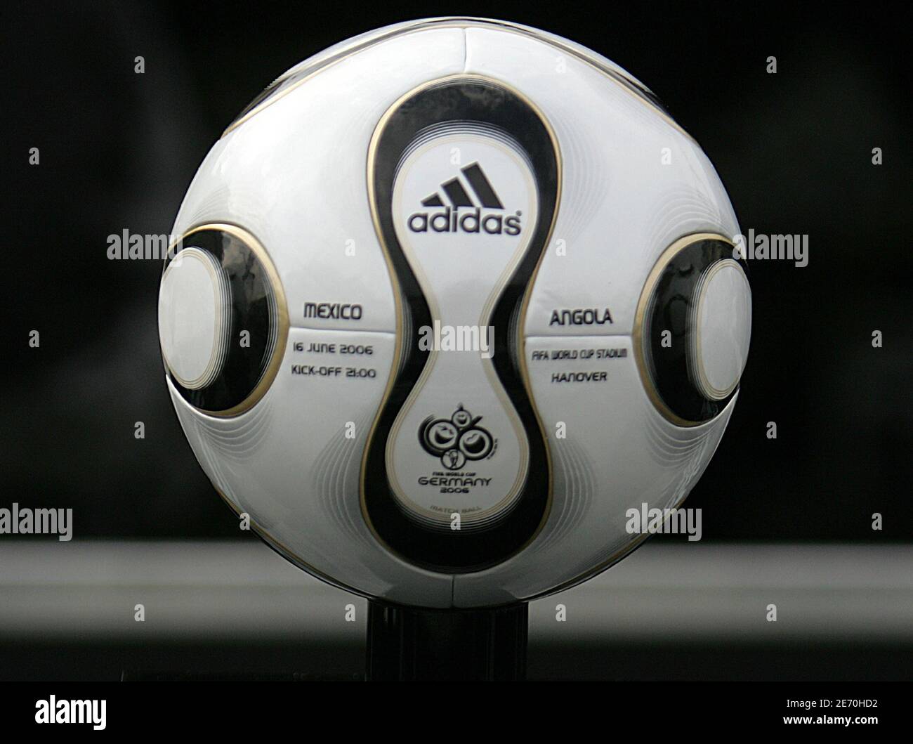 The soccer ball for the FIFA 2006 Soccer World Cup match between Mexico and  Angola in Hanover is presented to the [media] in Berlin April 18, 2006.  [President of Germany's World Cup