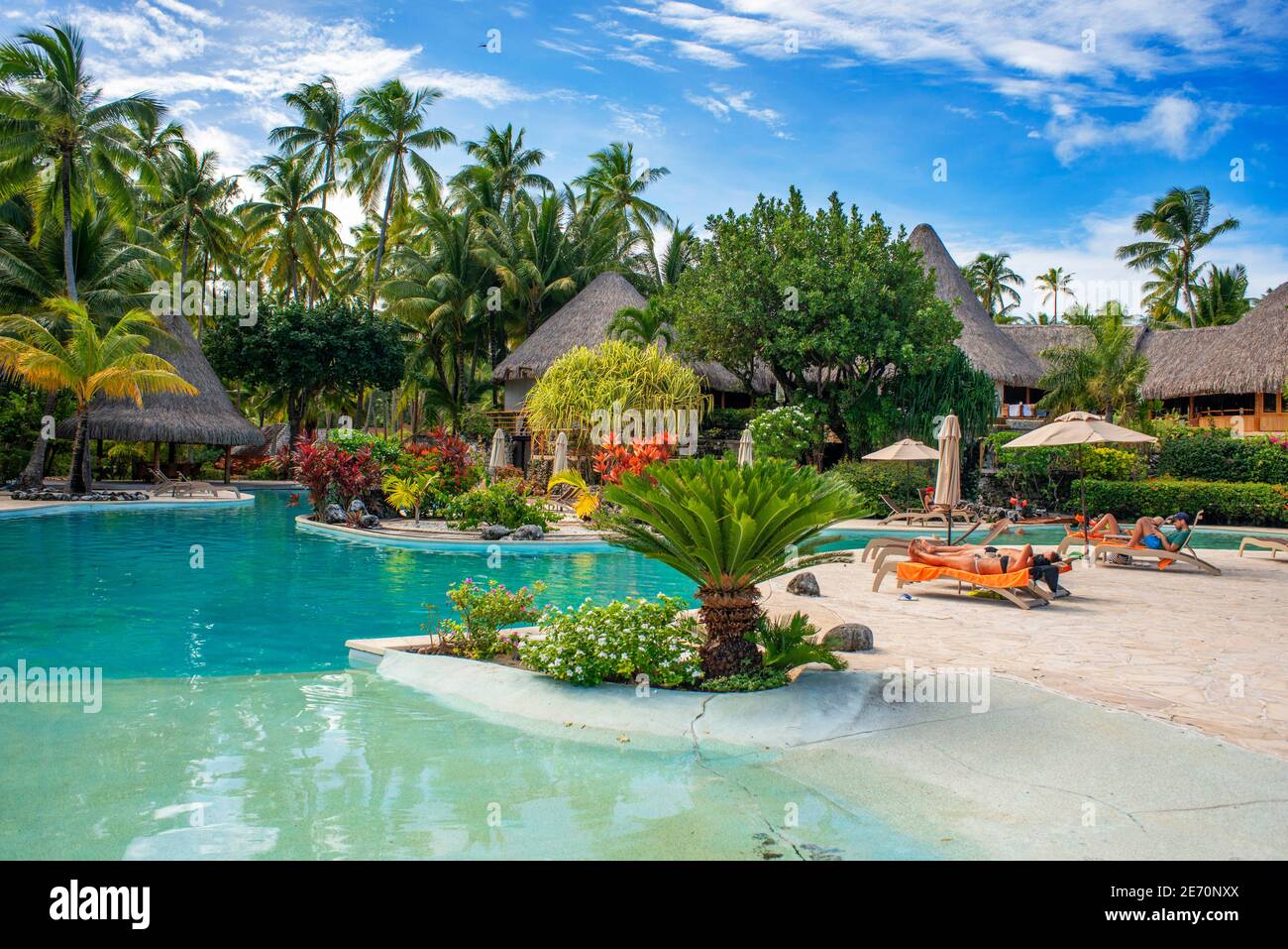 February 2020 - Pool of Le Bora Bora by Pearl Resorts luxury resort in motu  Tevairoa island, a little islet in the lagoon of Bora Bora, Society  Islands, French Polynesia, South Pacific. (
