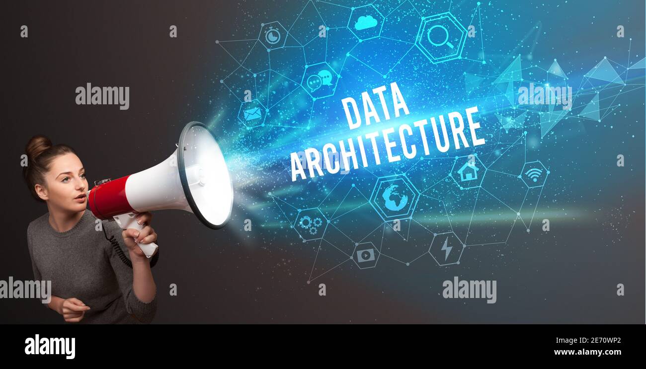 Shouting Data Young woman shouting in megaphone with DATA ARCHITECTURE inscription ...