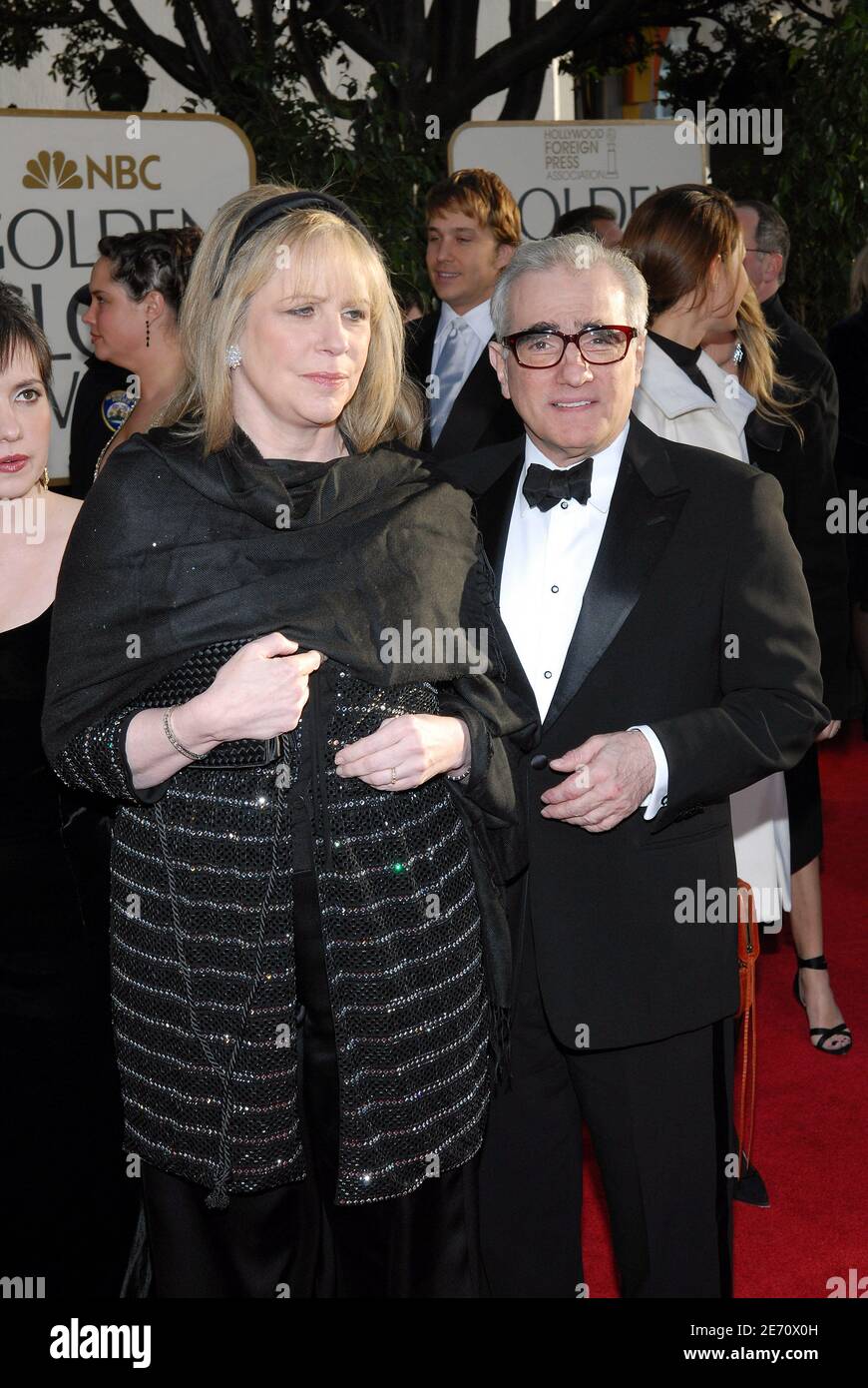 Martin Scorsese poses with his wife on the red carpet of the 64th Annual Golden Globe Awards held at the Beverly Hilton hotel in Los Angeles, CA, USA on January 15. 2007. Photo by Lionel Hahn/MCT/ABACAPRESS.COM Stock Photo