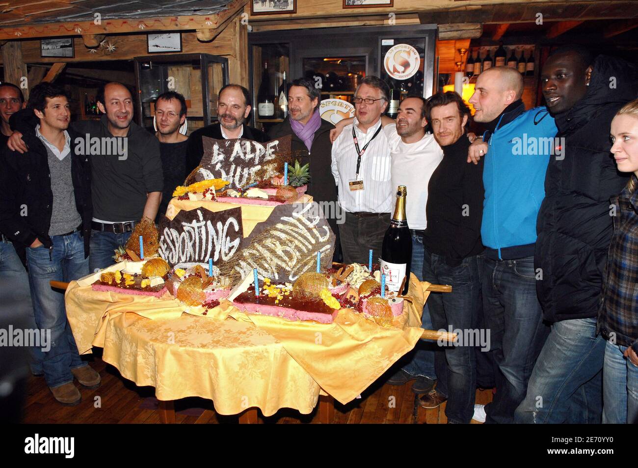 French actors Guillaume Canet, Kad Merad, Pierre-Francois Martin-Laval, Jean-Pierre Darroussin, Antoine de Caunes, unidentified person, Bruno Solo, Thierry Fremont, Omar and Fred pose after the openig ceremony of the 10th International Comedy Film Festival in L'Alpe d'Huez, France, on January 16, 2007. Photo by Guibbaud-Guignebourg/ABACAPRESS.COM Stock Photo