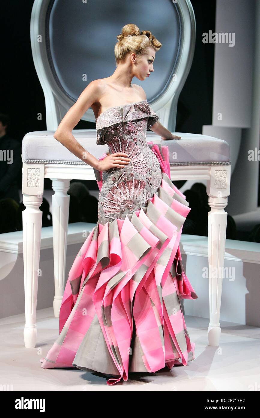 A model presents a creation by British designer John Galliano for Christian  Dior's Haute-Couture Spring-Summer 2007 collection presentation held at 'Le  Polo de Paris', in Boulogne, near Paris, France, on January 22