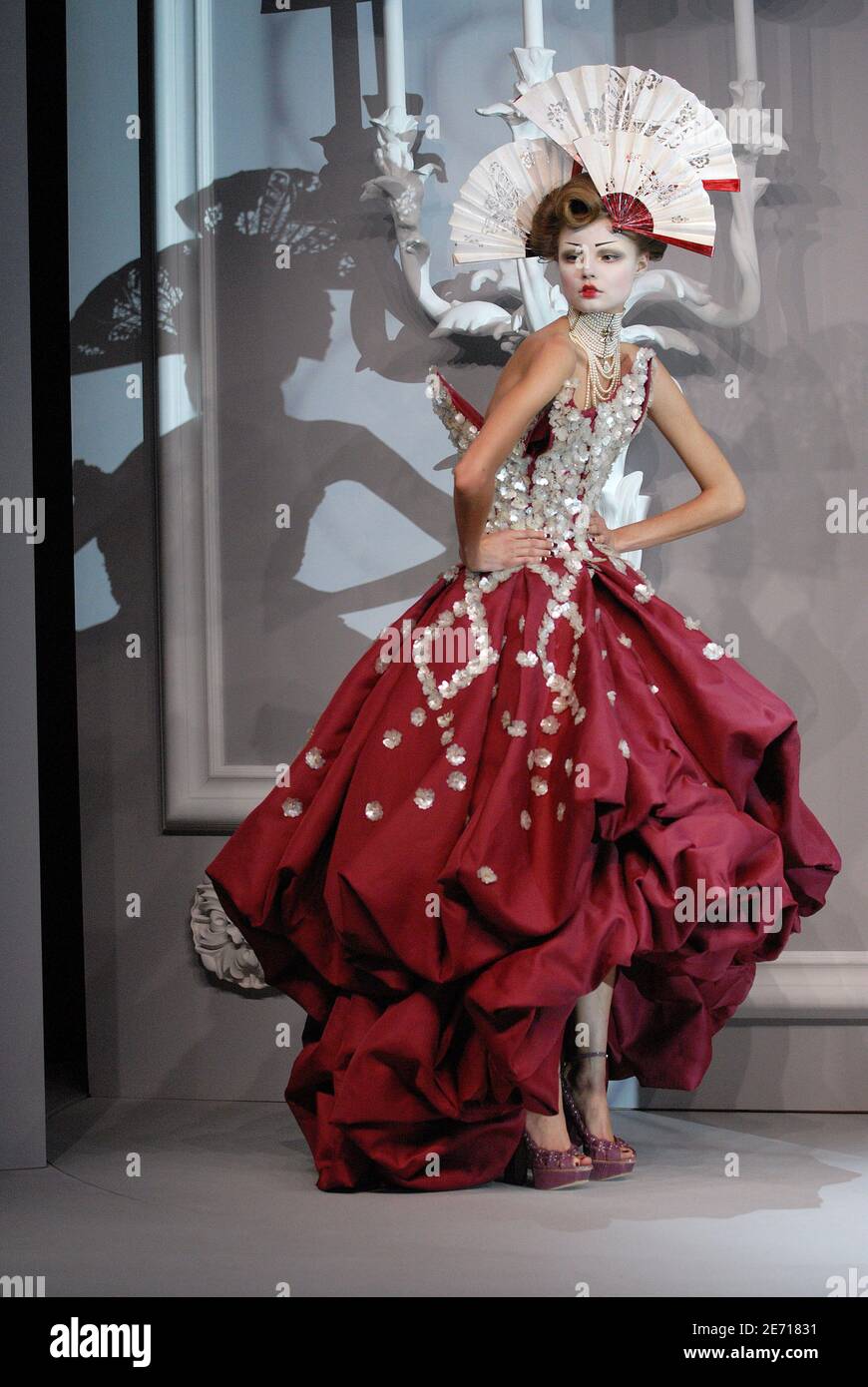 A model displays a creation by fashion designer John Galliano for Christian Dior  Haute-Couture Spring-Summer 2007 collection presentation held at the 'Polo  de Paris' in Paris, France, on January 22, 2007. Photo