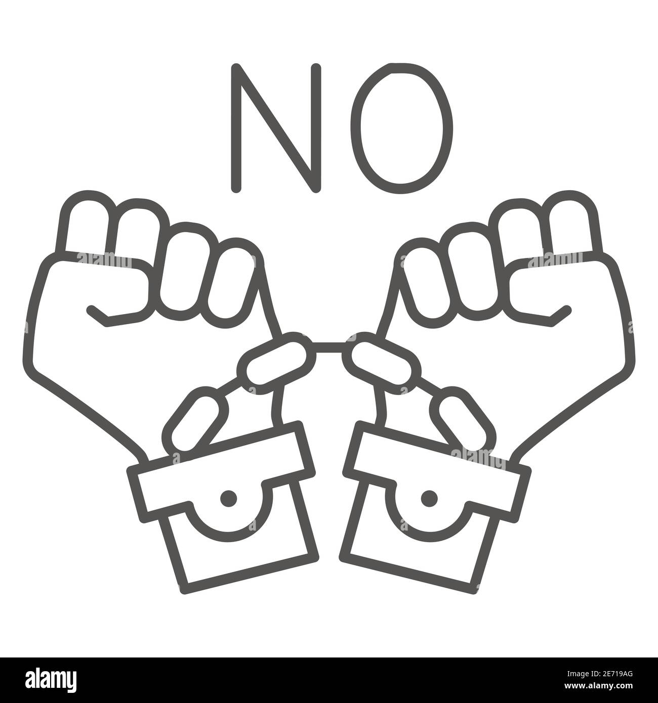 No to shackles symbol thin line icon, Black lives matter concept, No violence against blacks sign on white background, handcuffed hands icon in Stock Vector