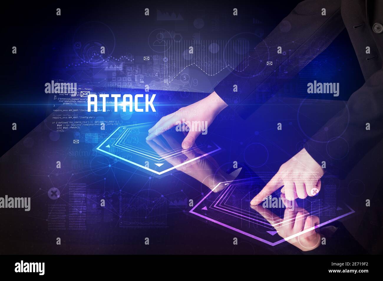 Hand touching digital table with ATTACK inscription, new age security concept Stock Photo
