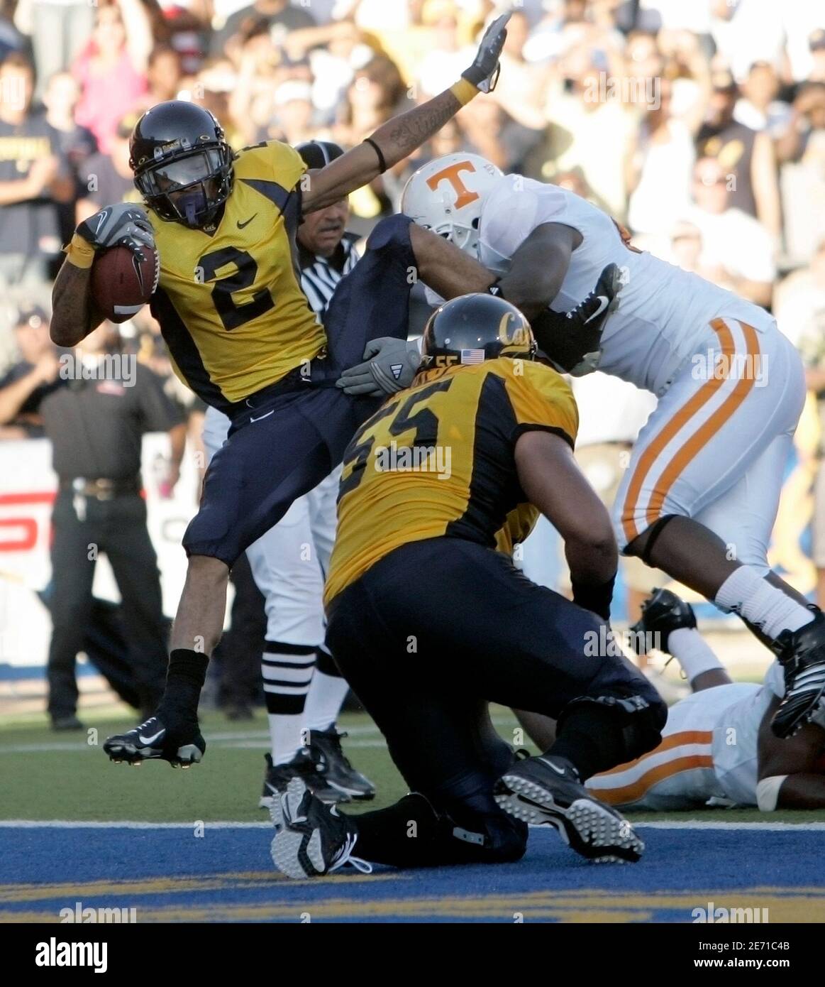 University of California wide receiver Robert Jordan (2) leaps into the end  zone for a second quarter touchdown against the University of Tennessee  during their NCAA Division college football game in Berkeley,