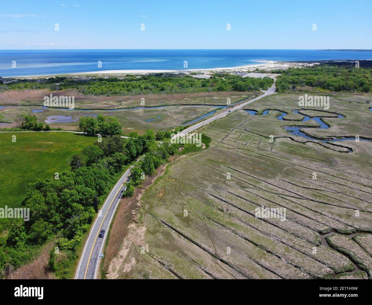 Aerial view of Crane Beach and marsh in summer in town of Ipswich ...