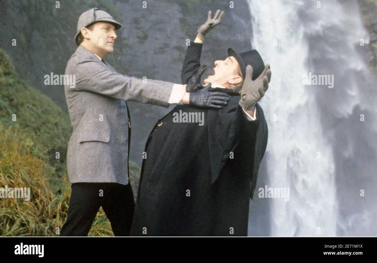 THE ADVENTURES OF SHERLOCK HOLMES 1984-94 Granada TV series with Jeremy Brett at right as Holmes and Eric Porter as Professor Moriarty at the Reichenbach Falls Stock Photo