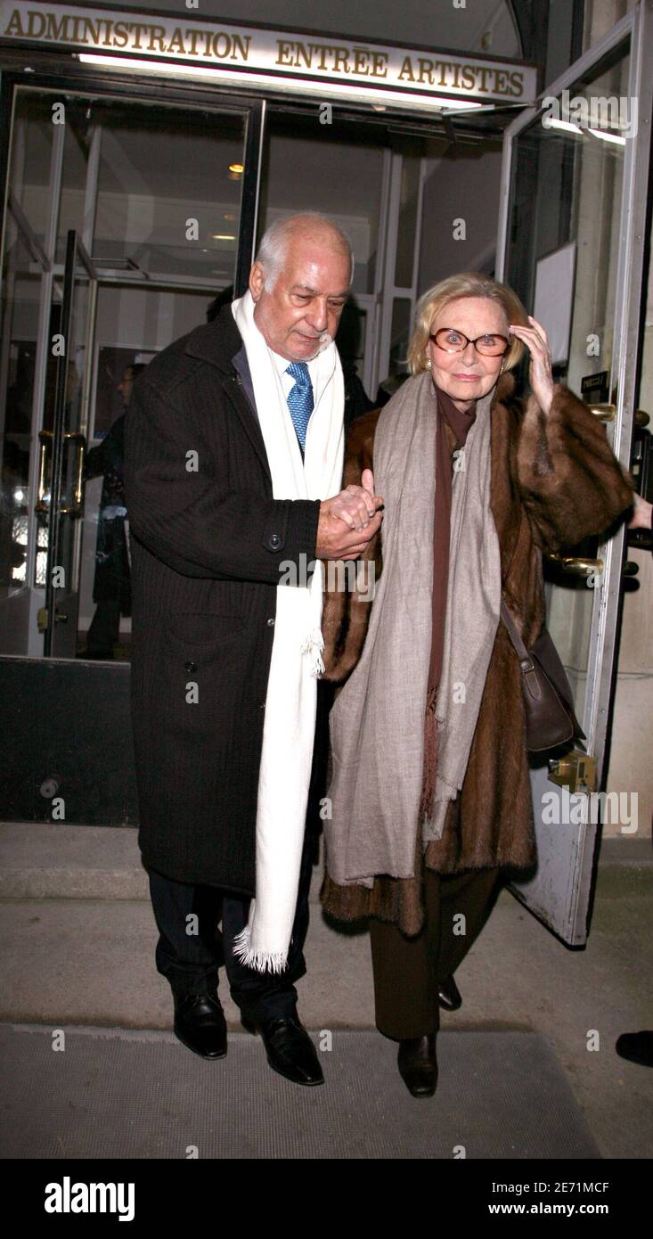 French actor Jean-Claude Brialy and french actress Michele Morgan leave the  premiere of the play 'Sur la route de Madison' with Alain Delon and  Mireille Darc at Marigny playhouse in Paris, France