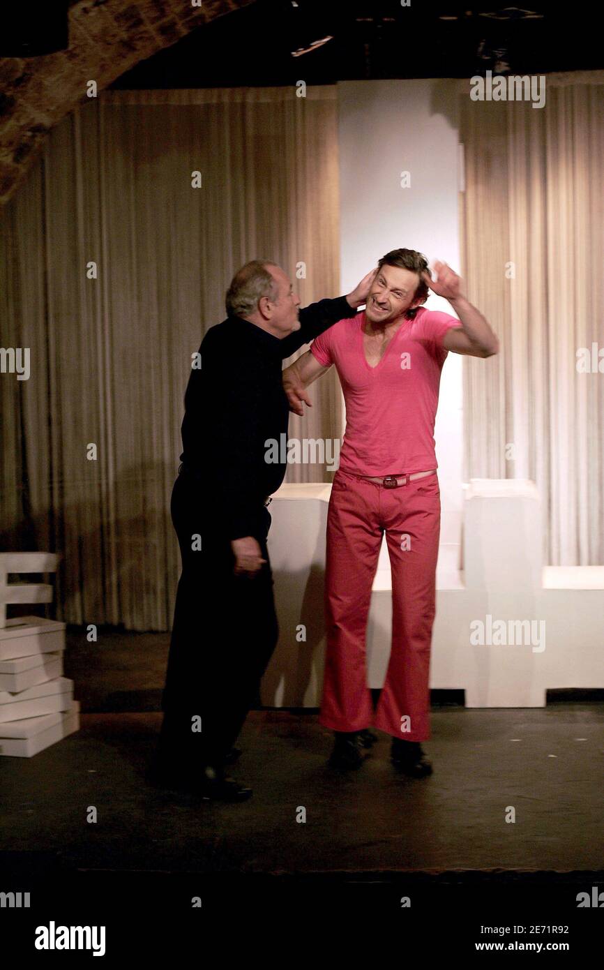 French Actor And Singer Franck Delay And Actor Michel Voletti During The Curtain Call Of Jules Vallauri S Play L Anniversaire At The Theatre Essaion In Paris France On January 31 07 Photo