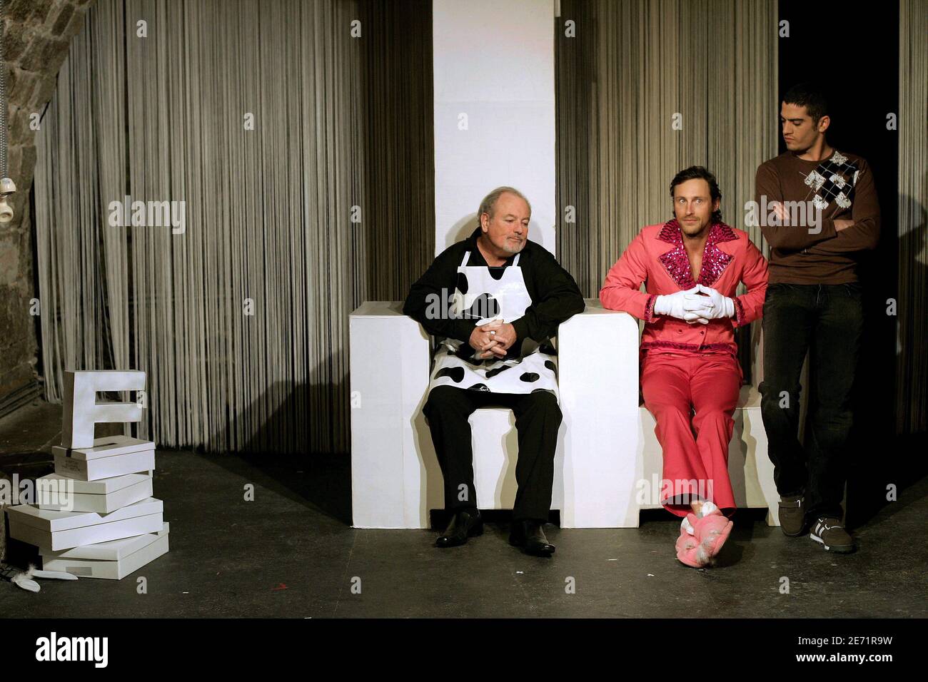 French Actors And Singers Franck Delay And Nicolas Vitiello And Actor Michel Voletti During The Curtain Call Of Jules Vallauri S Play L Anniversaire At The Theatre Essaion In Paris France On January