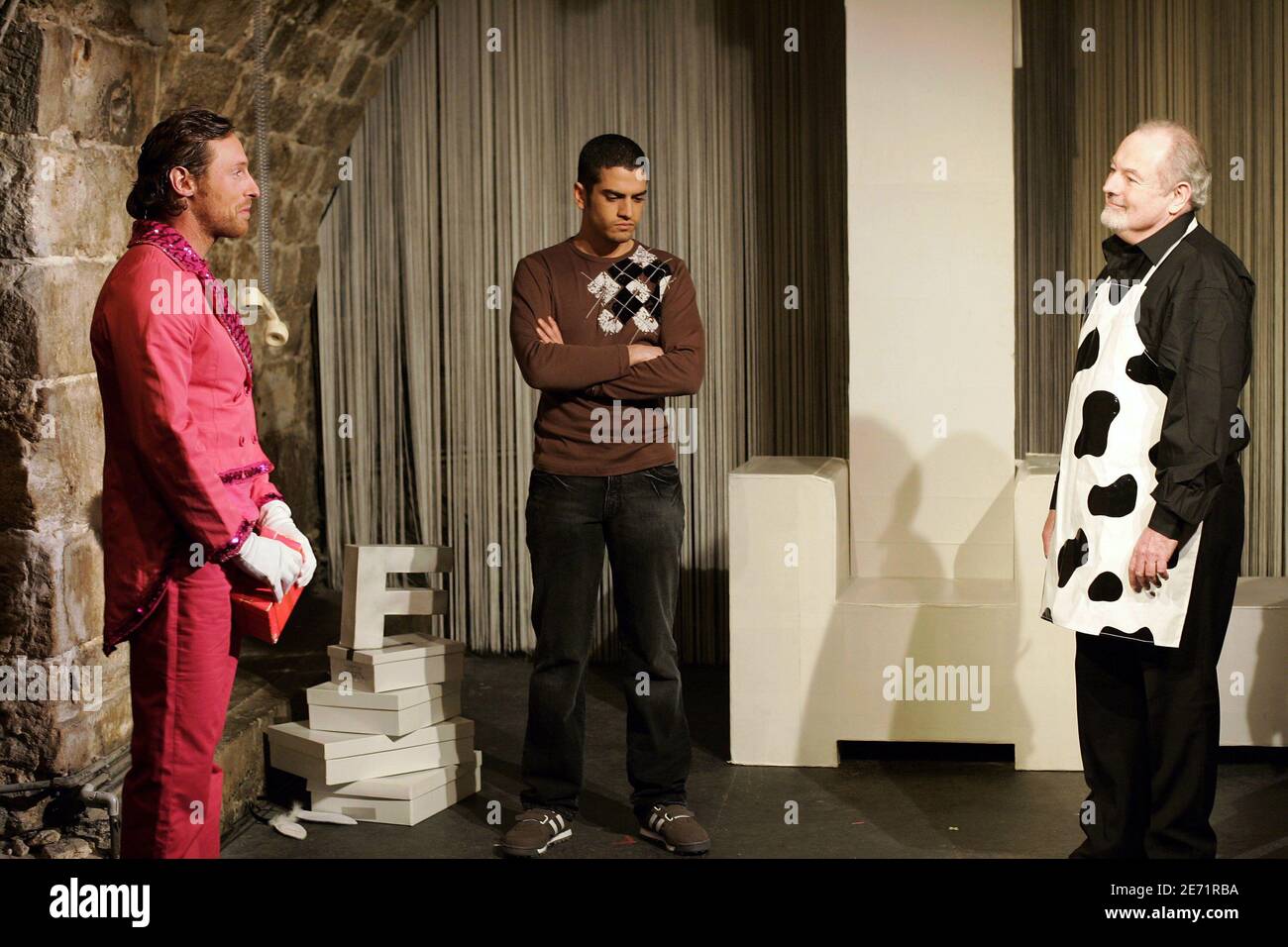 French Actors And Singers Franck Delay And Nicolas Vitiello And Actor Michel Voletti During The Curtain Call Of Jules Vallauri S Play L Anniversaire At The Theatre Essaion In Paris France On January