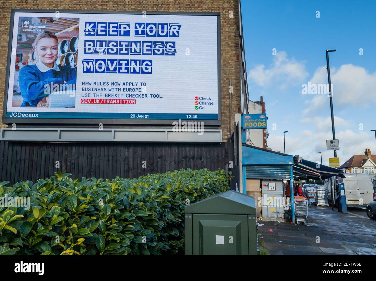 A government billboard advertisement informing British companies trading with the European Union of new trading rules after Brexit. Stock Photo