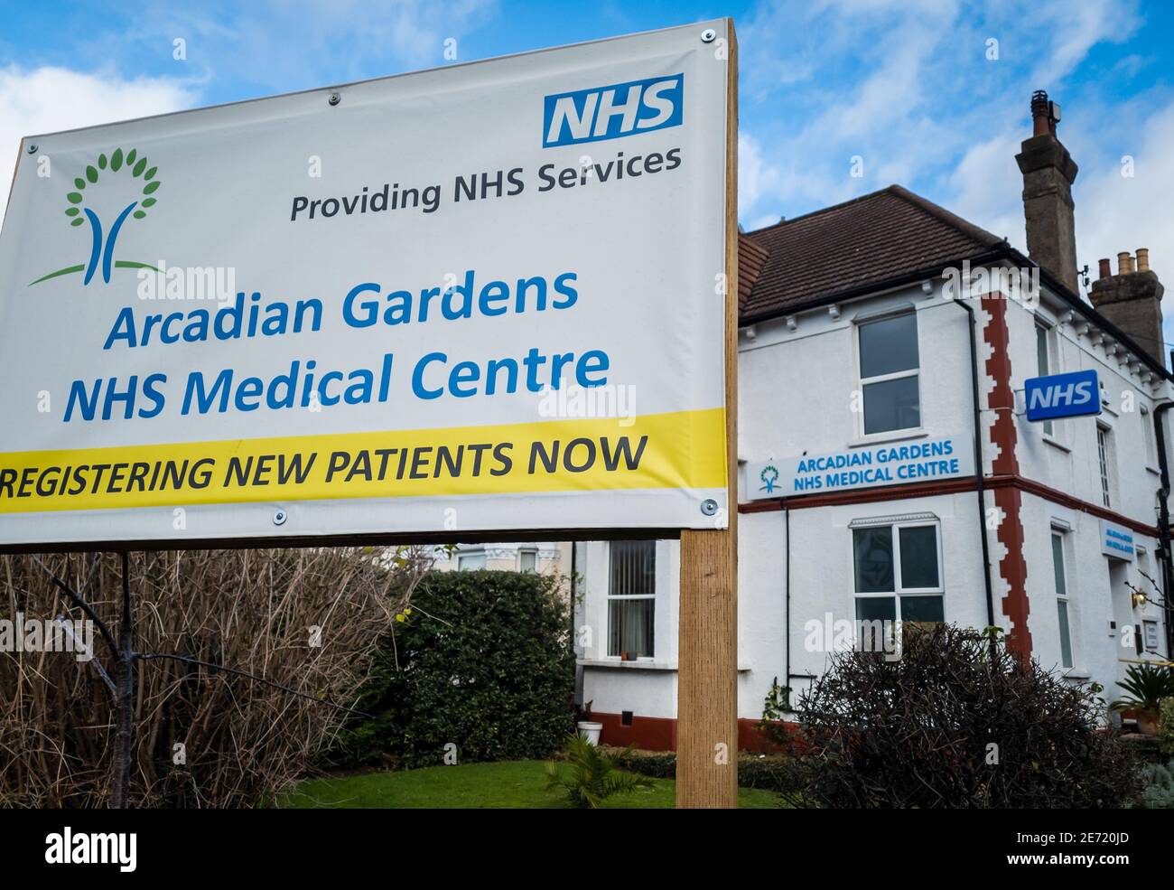 Exterior view of a typical suburban General Practitioner or GP surgery providing health care to the local population. Stock Photo