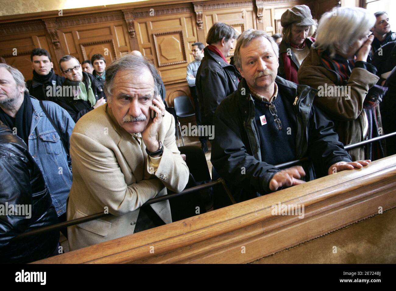 Jose Bove and Noel Mamere appear at Paris court on february 7, 2007. The appeals court upheld a verdict and four-month jail sentence for French farmer and anti-globalization activist Jose Bove for destroying a field of genetically modified corn. Bove, who wants to run in France's presidential elections this year, was sentenced in 2005 for destroying a field of corn planted by U.S. seed company Pioneer Hi-Bred. Photo by Thibault Camus/ABACAPRESS.COM Stock Photo