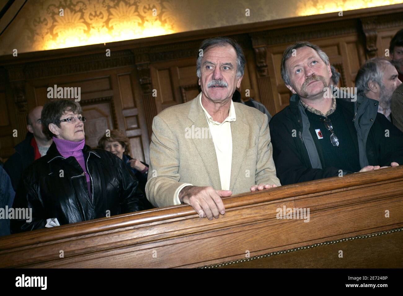 Jose Bove and Noel Mamere appear at Paris court on february 7, 2007. The appeals court upheld a verdict and four-month jail sentence for French farmer and anti-globalization activist Jose Bove for destroying a field of genetically modified corn. Bove, who wants to run in France's presidential elections this year, was sentenced in 2005 for destroying a field of corn planted by U.S. seed company Pioneer Hi-Bred. Photo by Thibault Camus/ABACAPRESS.COM Stock Photo