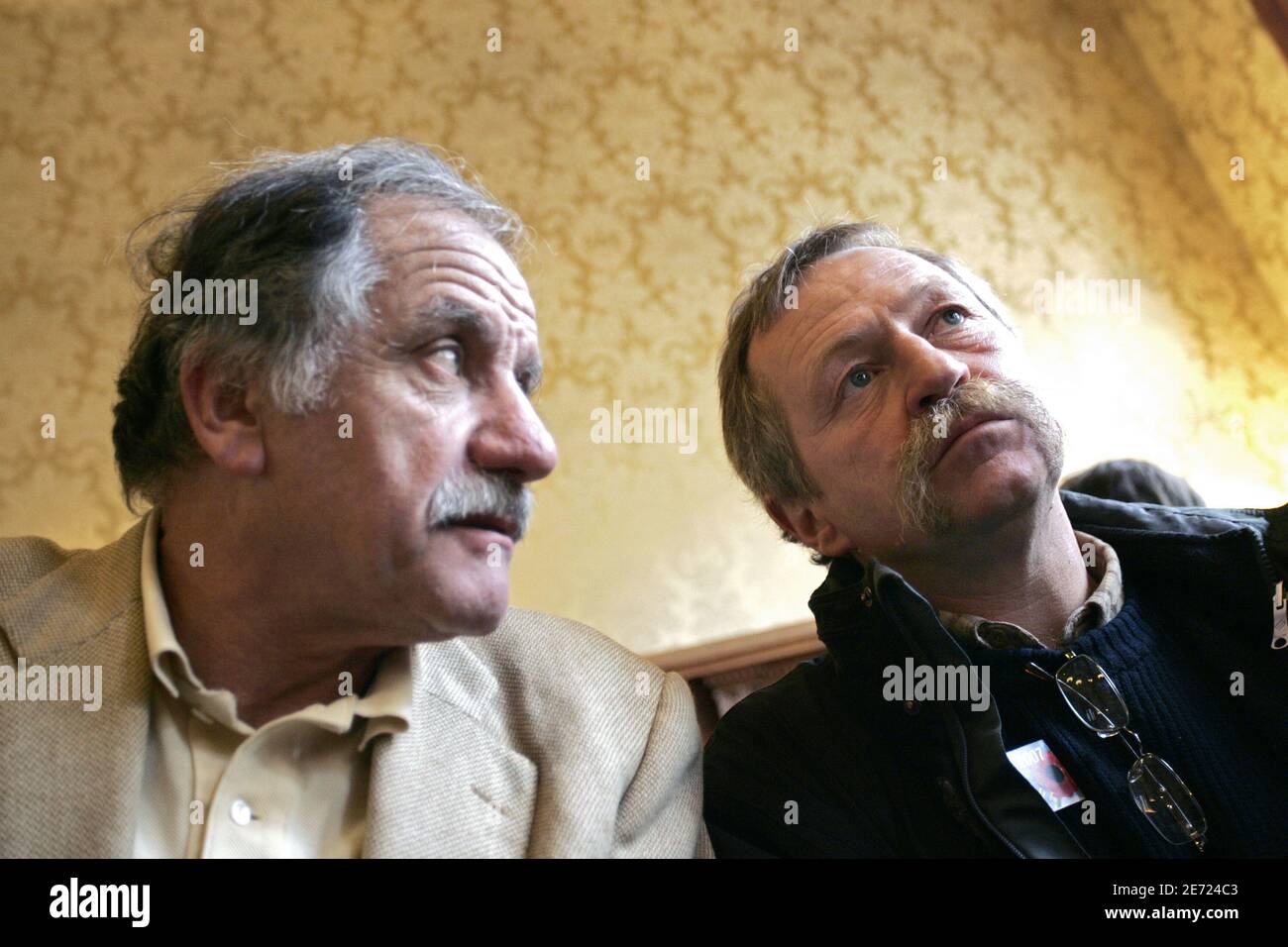 Jose Bove and Noel Mamere appear at Paris court on february 7, 2007. The appeals court upheld a verdict and four-month jail sentence for French farmer and anti-globalization activist Jose Bove for destroying a field of genetically modified corn. Bove, who wants to run in France's presidential elections this year, was sentenced in 2005 for destroying a field of corn planted by U.S. seed company Pioneer Hi-Bred. Photo by Thibault Camus/ABACAPRESS.COM Stock Photo