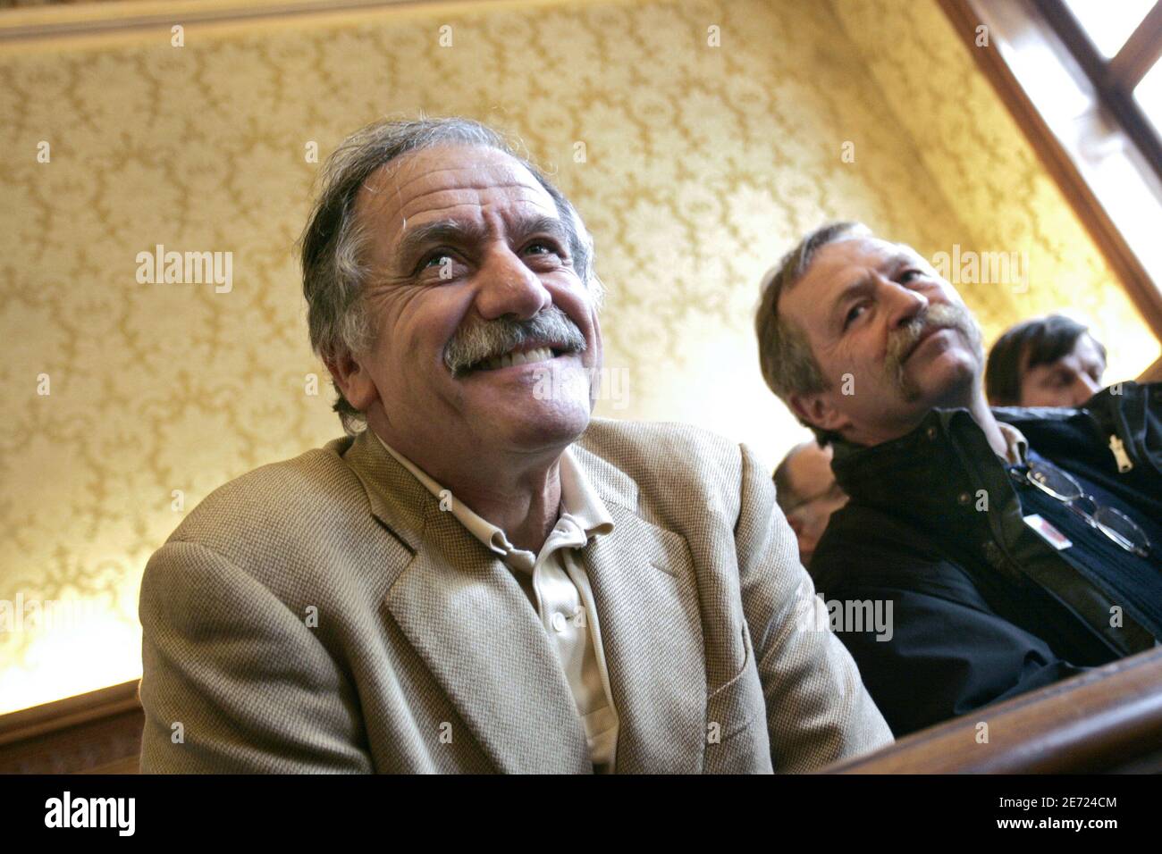 Jose Bove and Noel Mamere appear at Paris court on february 7, 2007. The appeals court upheld a verdict and four-month jail sentence for French farmer and anti-globalization activist Jose Bove for destroying a field of genetically modified corn. Bove, who wants to run in France's presidential elections this year, was sentenced in 2005 for destroying a field of corn planted by U.S. seed company Pioneer Hi-Bred. Photo by Thibault Camus/ABACAPRESS.COM Stock Photo