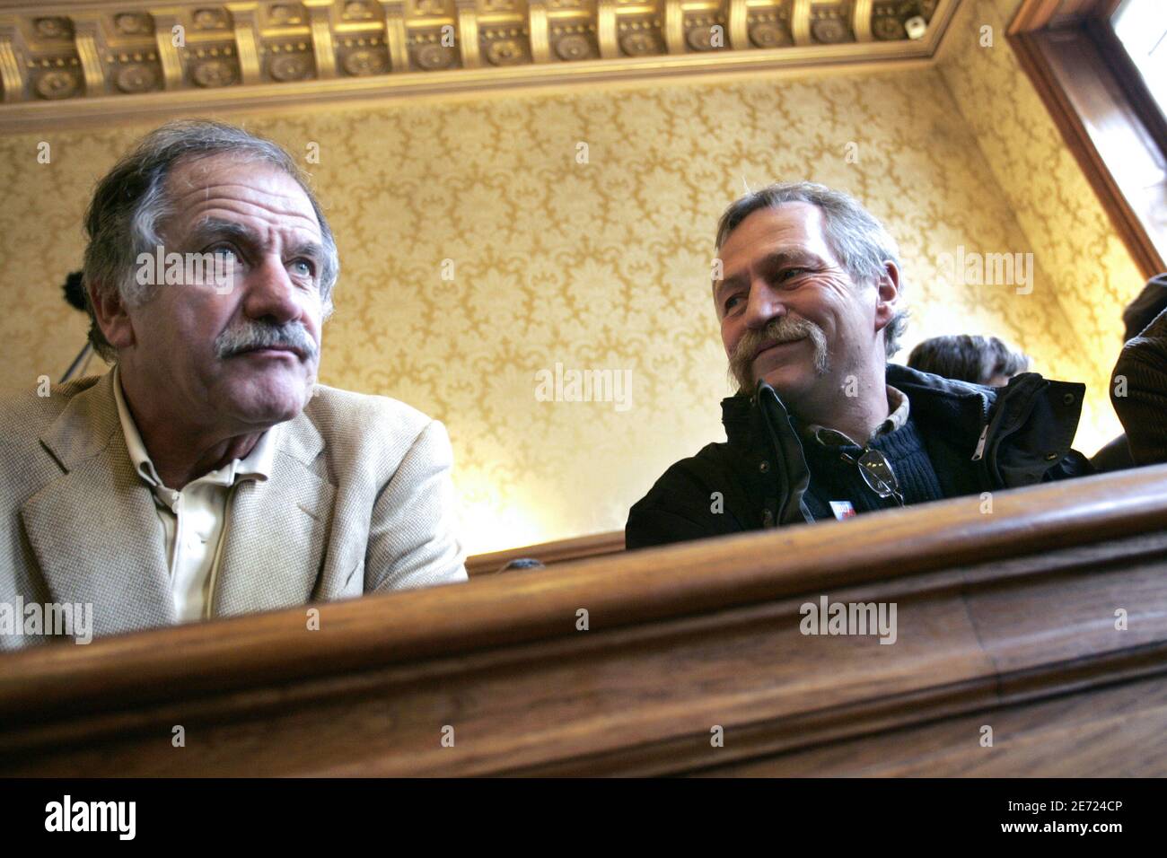 Jose Bove and Noel Mamere appear at Paris court on february 7, 2007. The appeals court upheld a verdict and four-month jail sentence for French farmer and anti-globalization activist Jose Bove for destroying a field of genetically modified corn. Bove, who wants to run in France's presidential elections this year, was sentenced in 2005 for destroying a field of corn planted by U.S. seed company Pioneer Hi-Bred. Photo by Thibault Camus/ABACAPRESS.COM Stock Photo