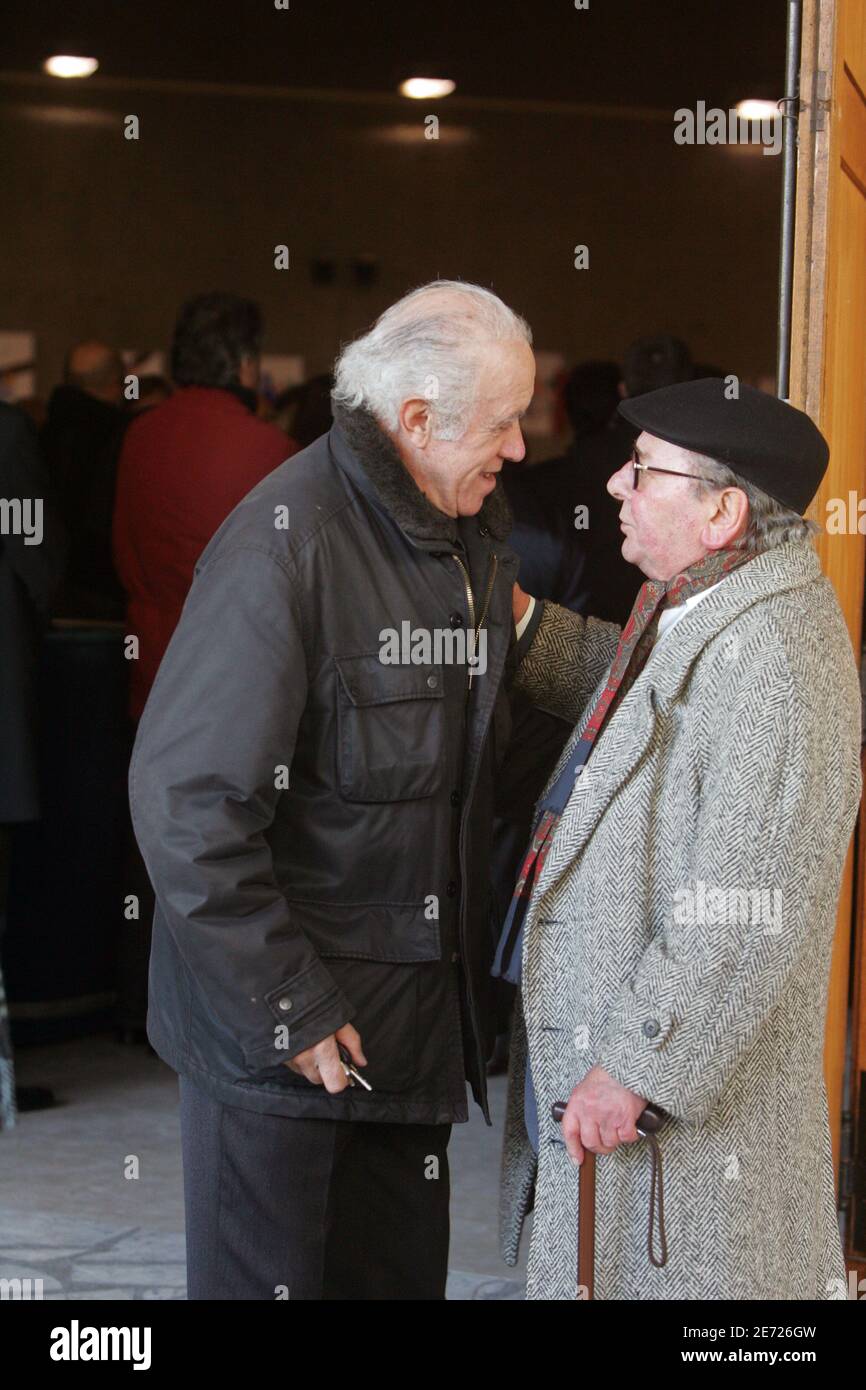 Jacques Balutin and Guy Pierrot attend the funeral of Michel Roux in Colombes, suburb of Paris, France on February 8, 2007. Photo by Mousse/ABACAPRESS.COM Stock Photo