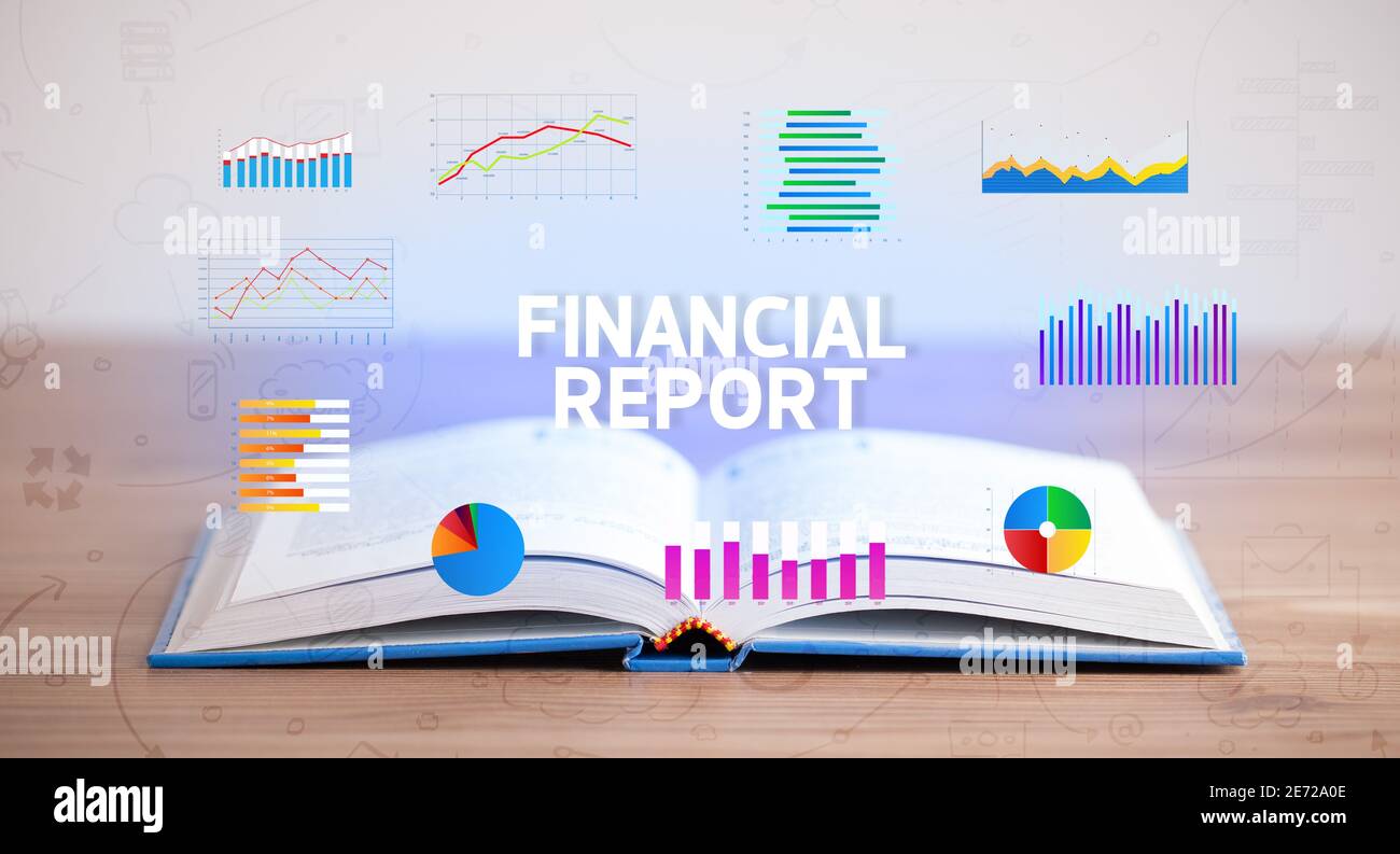 Open book with FINANCIAL REPORT inscription, new business concept Stock ...