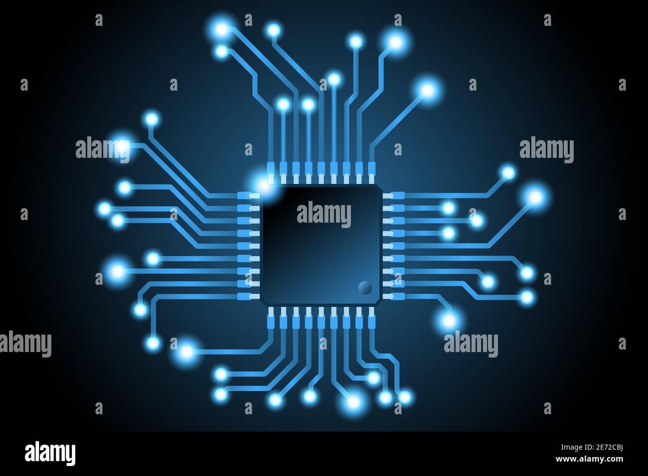 Vector microchip CPU and glowing conductive tracks Stock Vector