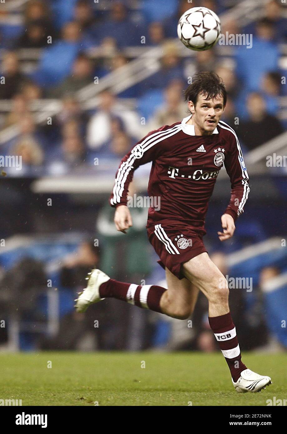 Bayern Munich's Willy Sagnol (R) and 1860 Munich's Lars Bender (L) shown in  action during the soccer friendly FC Bayern Munich vs TSV 1860 Munich at  Allianz-Arena in Munich, Germany, 26 January