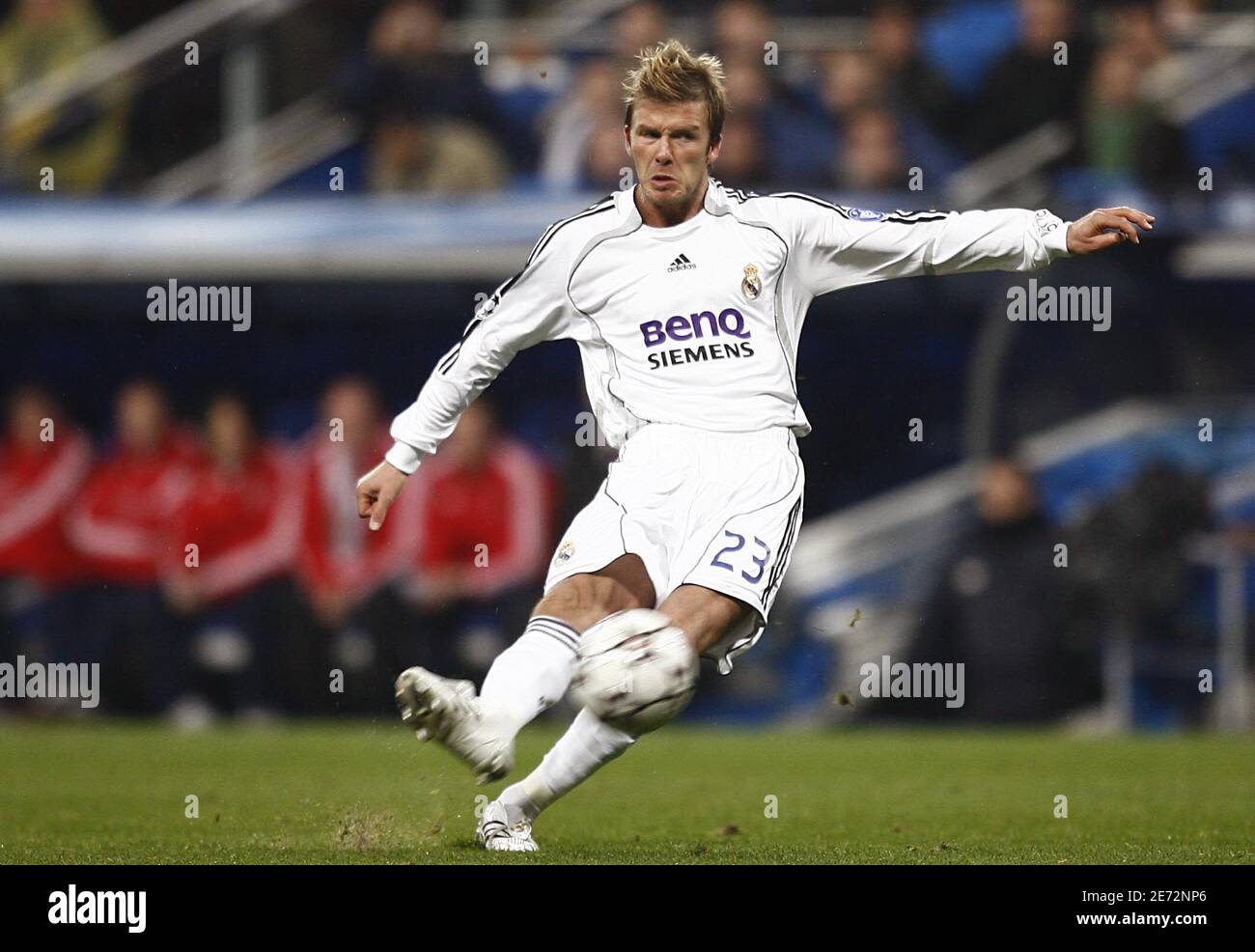 Real Madrid's David Beckham takes a free kick during the Champions League  first knockout round, first leg soccer match, Real Madrid vs Bayern Munich  in Madrid. Real Madrid won 3-2. Photo by