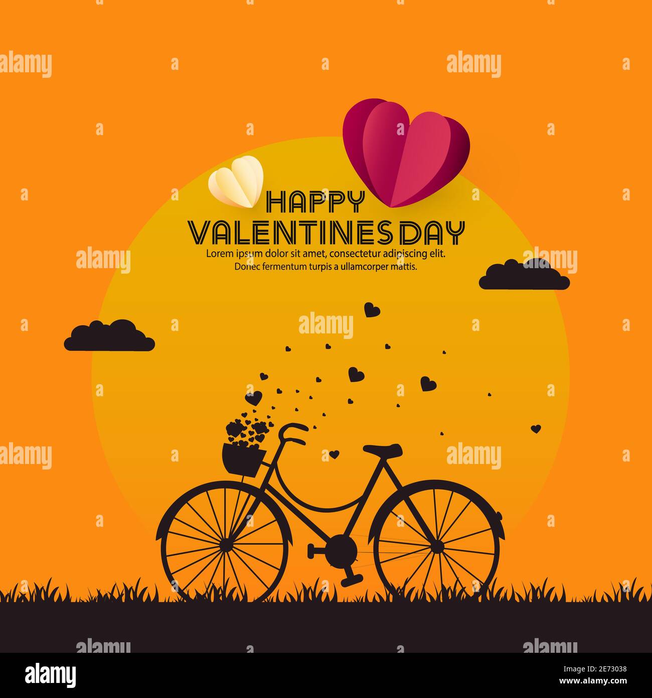 Silhouette of love and Valentine background flying with heart from bicycle baskets Stock Vector