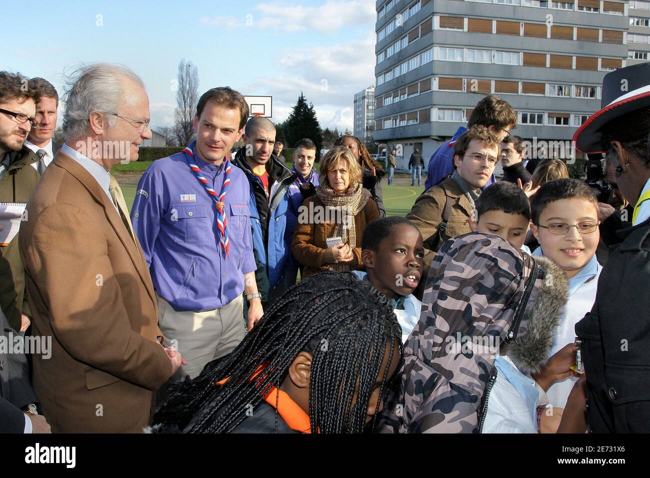 King Carl XVI Gustaf of Sweden meets the french Scouts in Sarcelles (suburb of Paris), France, on February 26, 2007. Photo by Nebinger-Psaila/ABACAPRESS.COM Stock Photo