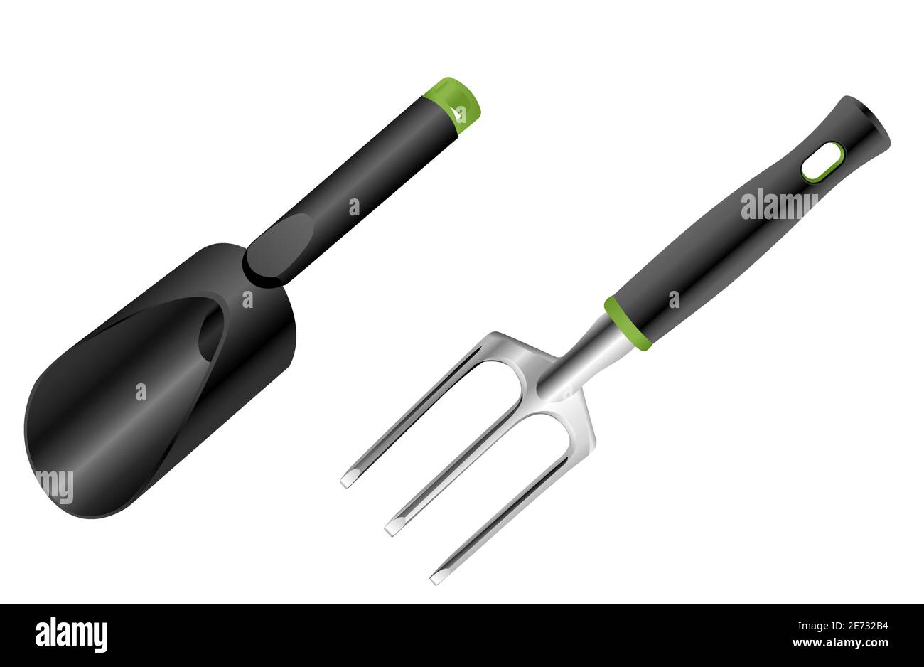 Garden tool rake, scoop agriculture plant tool set. Spring yard equipment for soil, woman hobby Stock Vector