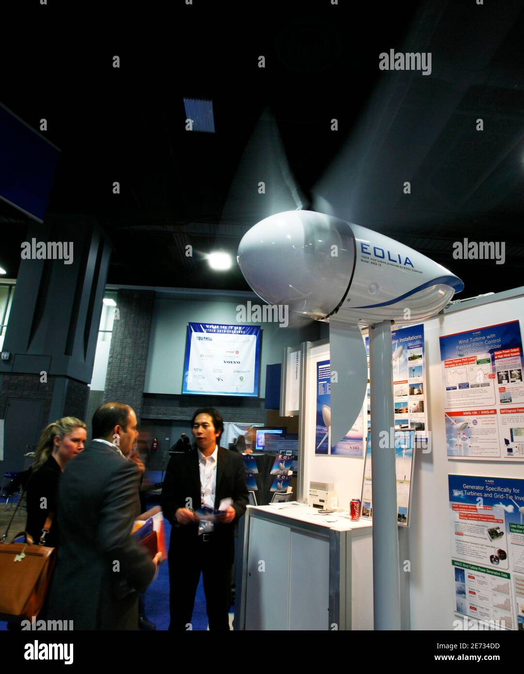 A wind turbine by the Nikko company of Japan is displayed at the 2010 Renewable Energy Technology Conference and Exhibition (RETECH 2010) in Washington, February 4, 2010. REUTERS/Hyungwon Kang    (UNITED STATES - Tags: ENERGY ANNIVERSARY BUSINESS SCI TECH) Stock Photo