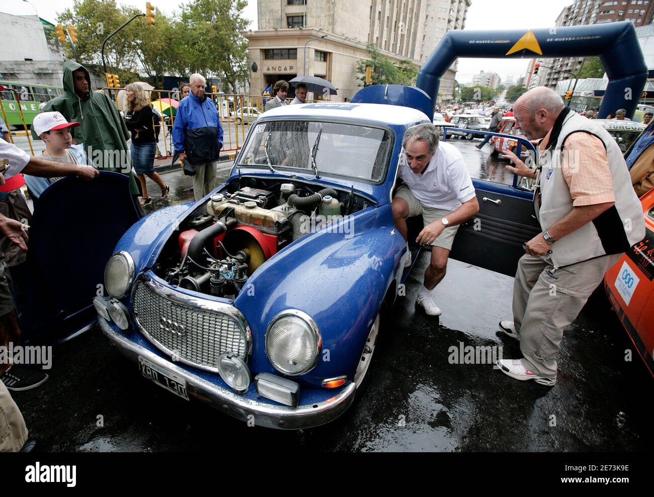 The engine of a classic DKW is checked before the start of the 'Gran Premio del Uruguay, 19 capitales historico' (Uruguayan great prize, 19 capitals) rally in Montevideo March 4, 2009. Only classic cars are allowed to participate in the rally which covers a route of over 2,500 km (1,553 miles) and traverses the 19 capitals of the provinces of the country. REUTERS/Andres Stapff (URUGUAY) Stock Photo