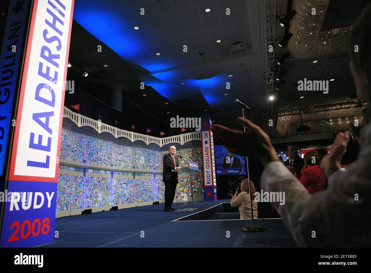 Former New York City mayor and Republican presidential hopeful Rudy Giuliani hosts the 'JoinRudy2008' Presidential Exploratory Committee rally and fundraiser held at the Sheraton Hotel in New York City, NY, USA on March 14, 2007. The baseball-themed 'New York Home Team' event was expected to raise up to $2 million for his upcoming campaign. Photo by Gerald Holubowicz/ABACAPRESS.COM Stock Photo