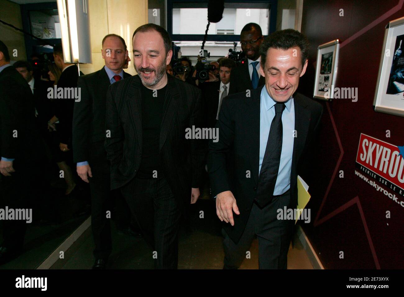 UMP Presidential candidate Nicolas Sarkozy arrives at Skyrock radio station  welcomed by its CEO Pierre Bellanger, to be interviewed by Difool, in  Paris, France, on March 17, 2007. Photo by Edouard Bernaux/ABACAPRESS.COM