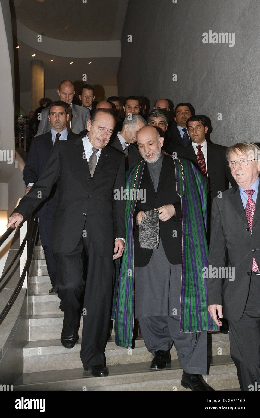 President Jacques Chirac and his Afghan counterpart Hamid Karzai visit the exhibition 'Afghanistan Treasures' at the Guimet Museum in Paris, France, Monday, March 19, 2007. Photo by Bernard Bisson/ABACAPRESS.COM Stock Photo