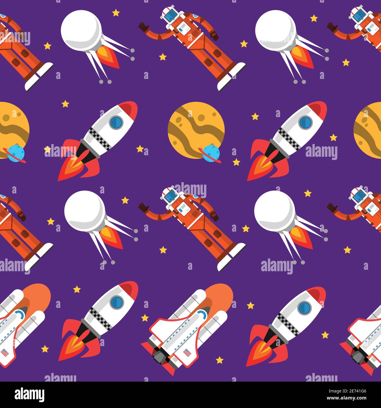 Space seamless pattern with rocket moon and astronaut vector illustration Stock Vector