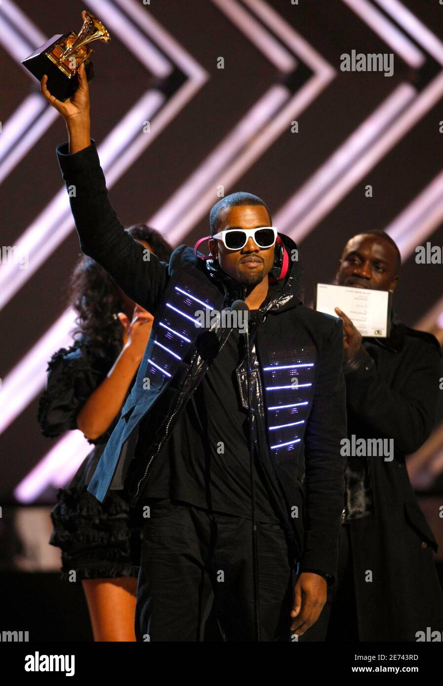 Kanye West accepts his Grammy for Best Rap Album for "Graduation" at the  50th Annual Grammy Awards held in Los Angeles, California February 10, 2008.  REUTERS/Mike Blake (UNITED STATES Stock Photo - Alamy