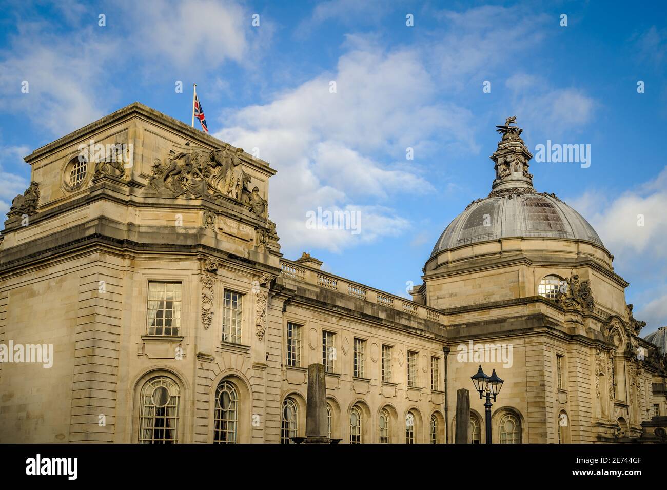 Cardiff City Hall was opened in 1906 and built from Portland stone. It stands in Cathays Park in the civic centre. Stock Photo