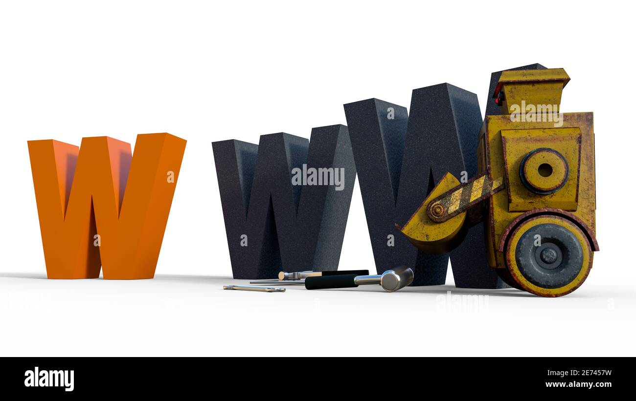 A retro robot with WWW under construction sign. Technology concept over ...