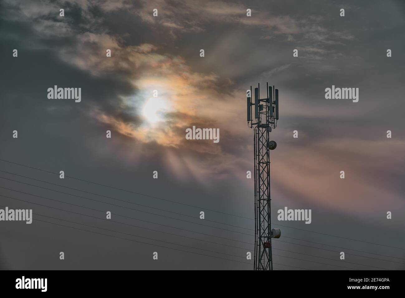 Taken on a very cold winters day in the UK, a communications mast Stock Photo
