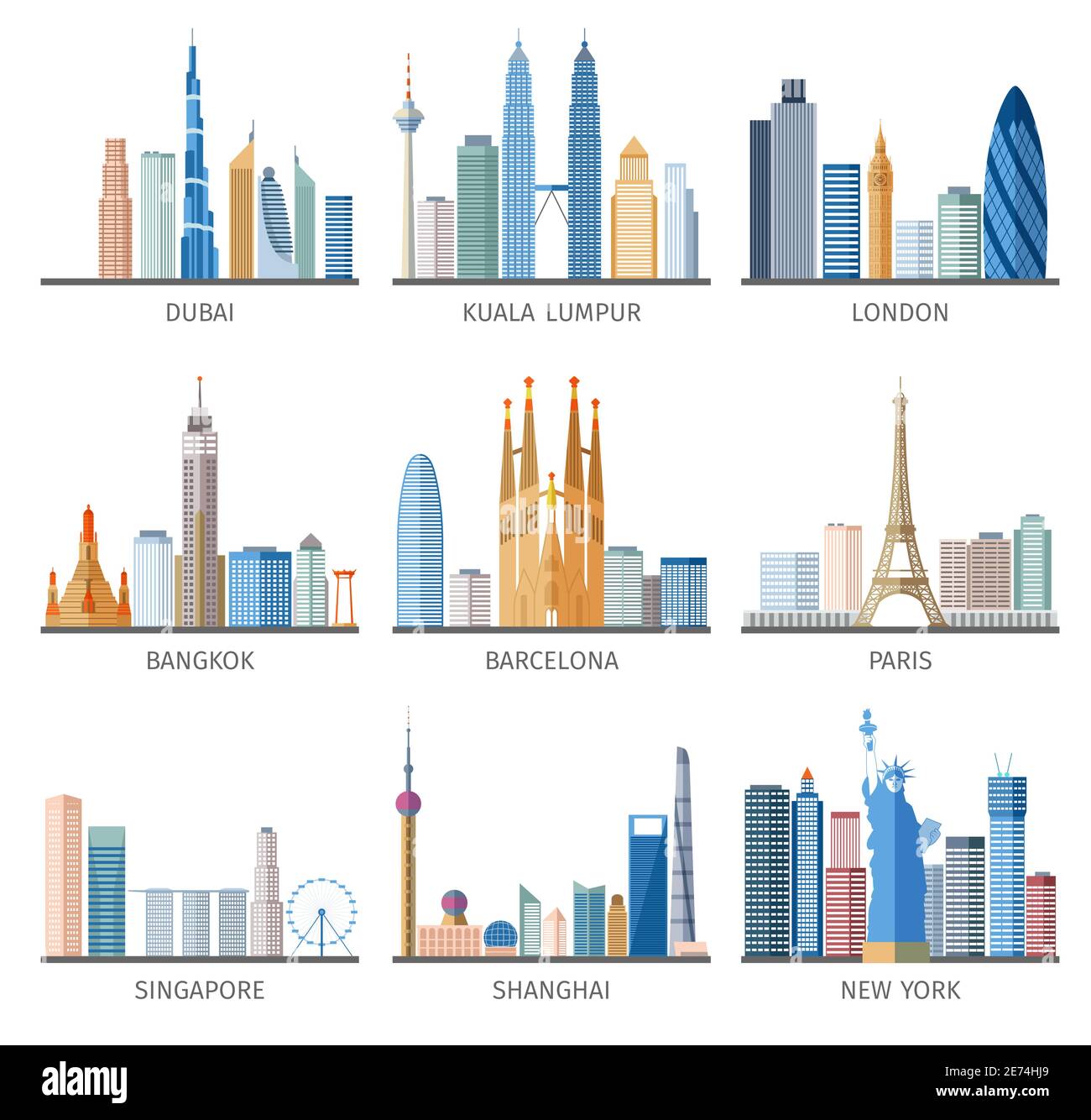 Famous capitals and cities characteristic downtown business center edifice buildings silhouettes day skyline abstract isolated vector illustration Stock Vector