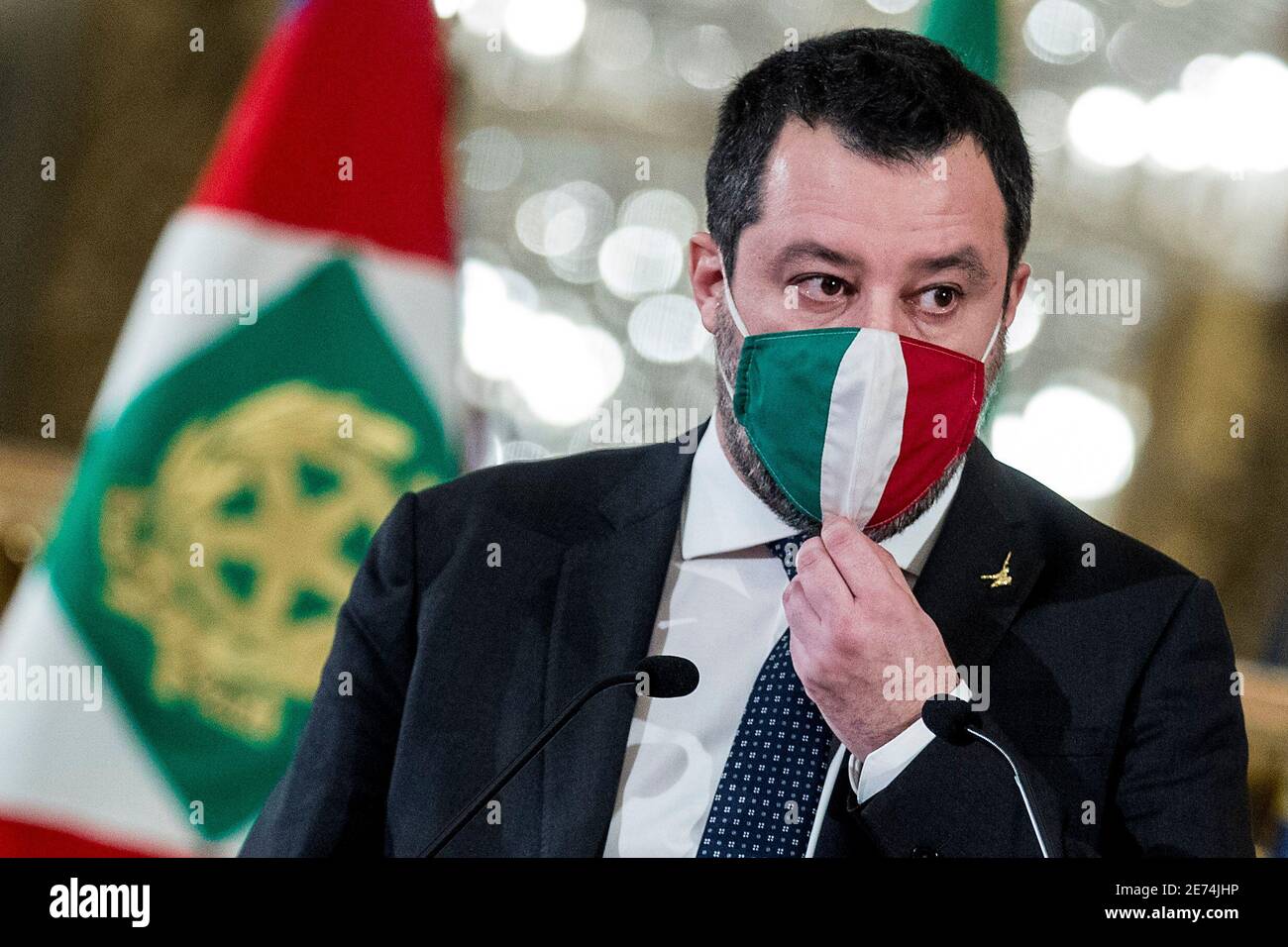 Rome, Italy. 29th Jan 2021. (210129) -- ROME, Jan. 29, 2021 (Xinhua) -- The League party's leader Matteo Salvini speaks to the media at the Quirinale Palace in Rome, Italy, on Jan. 29, 2021. Italian President Sergio Mattarella has given House Speaker Roberto Fico an exploratory mandate to verify whether the same governing majority that existed before Prime Minister Giuseppe Conte resigned on Jan. 26 is still workable. (Pool via Xinhua) Credit: Xinhua/Alamy Live News Stock Photo