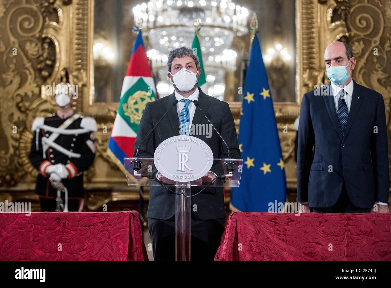 Rome, Italy. 29th Jan 2021. (210129) -- ROME, Jan. 29, 2021 (Xinhua) -- President of the Italian Chamber of Deputies Roberto Fico (C) speaks to the media at the Quirinale Palace in Rome, Italy, on Jan. 29, 2021. Italian President Sergio Mattarella has given House Speaker Roberto Fico an exploratory mandate to verify whether the same governing majority that existed before Prime Minister Giuseppe Conte resigned on Jan. 26 is still workable. (Pool via Xinhua) Credit: Xinhua/Alamy Live News Stock Photo
