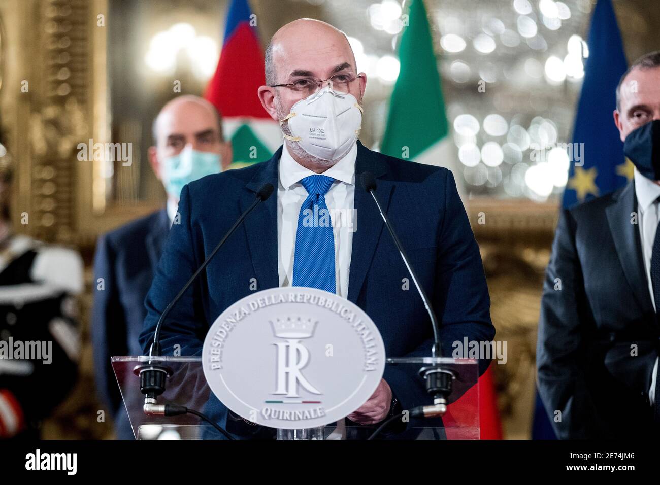 Rome, Italy. 29th Jan 2021. (210129) -- ROME, Jan. 29, 2021 (Xinhua) -- The Five Star Movement's leader Vito Crimi (Front) speaks to the media at the Quirinale Palace in Rome, Italy, on Jan. 29, 2021. Italian President Sergio Mattarella has given House Speaker Roberto Fico an exploratory mandate to verify whether the same governing majority that existed before Prime Minister Giuseppe Conte resigned on Jan. 26 is still workable. (Pool via Xinhua) Credit: Xinhua/Alamy Live News Stock Photo