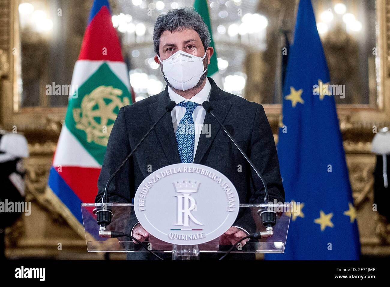 Rome, Italy. 29th Jan 2021. (210129) -- ROME, Jan. 29, 2021 (Xinhua) -- President of the Italian Chamber of Deputies Roberto Fico speaks to the media at the Quirinale Palace in Rome, Italy, on Jan. 29, 2021. Italian President Sergio Mattarella has given House Speaker Roberto Fico an exploratory mandate to verify whether the same governing majority that existed before Prime Minister Giuseppe Conte resigned on Jan. 26 is still workable. (Pool via Xinhua) Credit: Xinhua/Alamy Live News Stock Photo