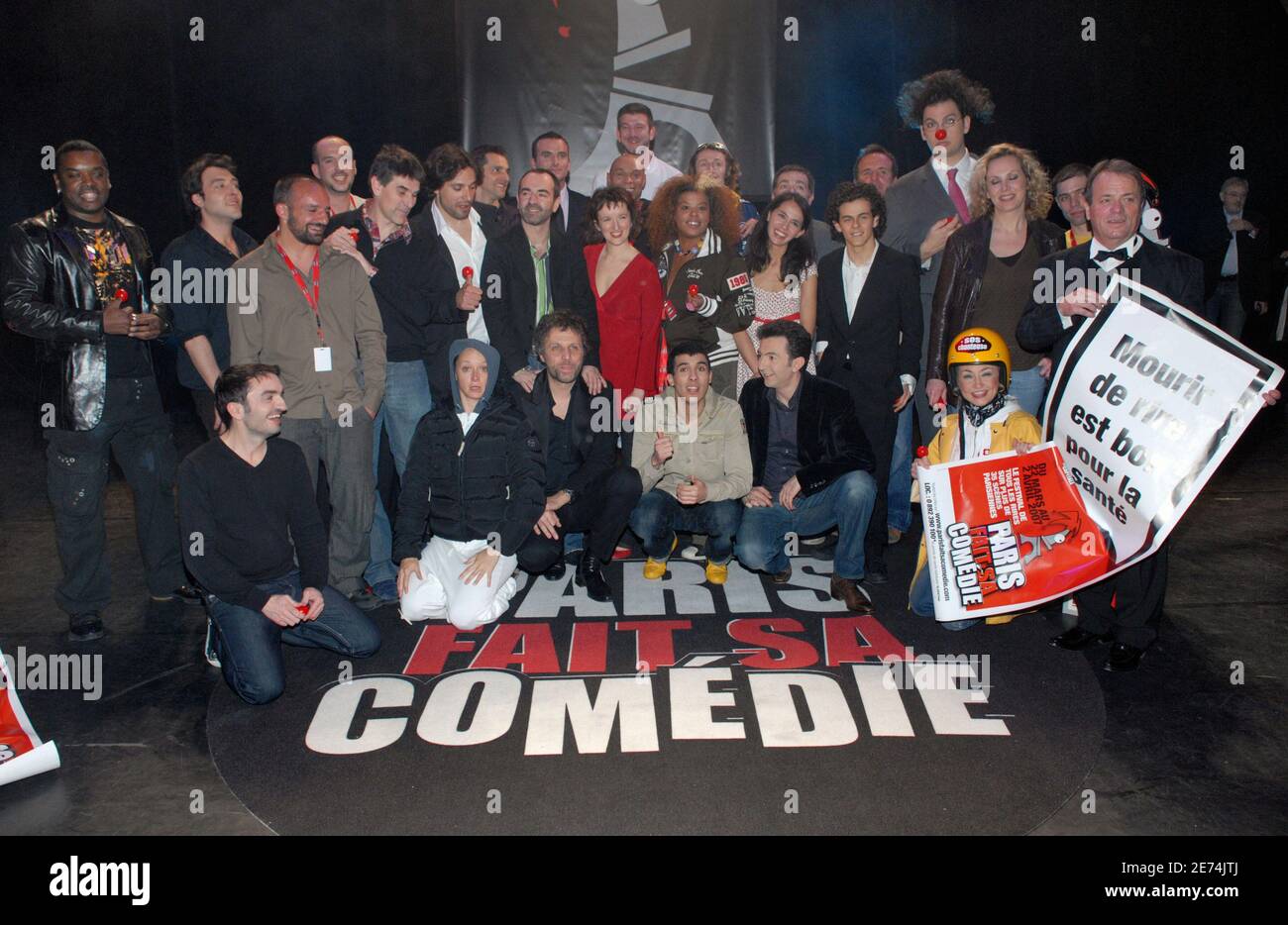 Some of the performers of 'Paris Fait sa Comedie' humor festival, including  Bruno Solo, Anthony Kavanagh, Anne Roumanoff, Stephane Guillon, Denis  Marechal, Bruno Salomone, Gerald Dahan, Michele Bernier pose for a group