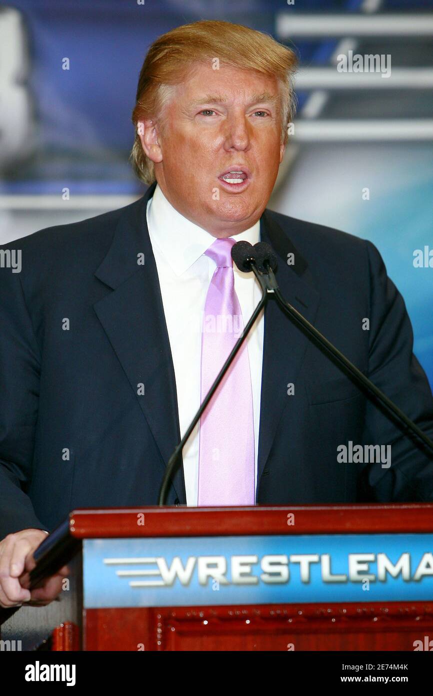 Donald Trump speaks at the press conference held by Battle of the Billionaires to announce details of Wrestlemania 23 at Trump Tower on March 28, 2007 in New York City. If Donald Trump's designated wrestler Bobby Lasley wins, Trump will shave off Vince MacMahon's hair. If McMahon's wrestler wins, Trump will have his hair shaved off live by McMahon. Photo by Gerald Holubowicz/ABACAPRESS.COM Stock Photo
